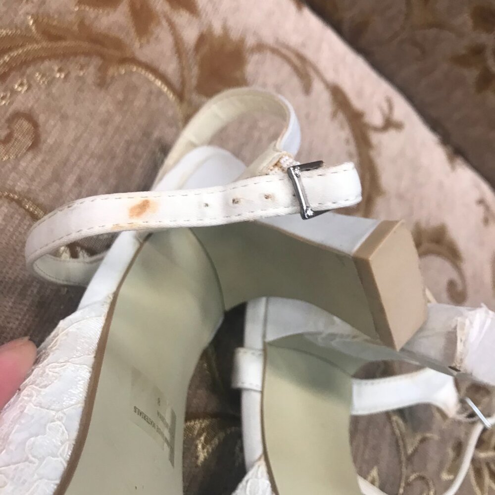 Dye-Able White Lace Satin Ankle-Strap, Formal Pump Dress Shoe Wedding Block Heel - Picture 16 of 16